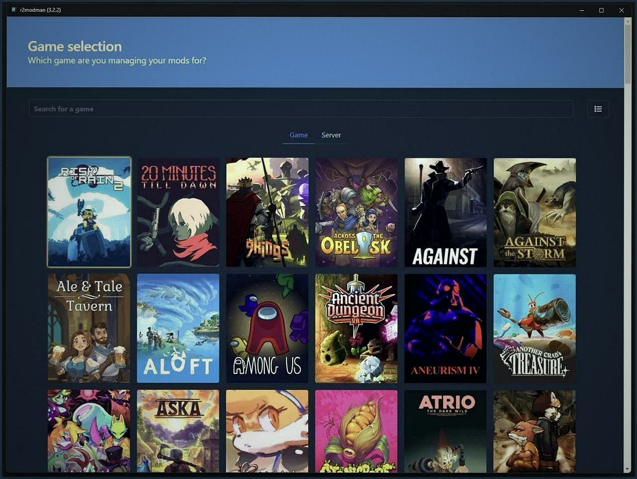 r2modman game selection interface