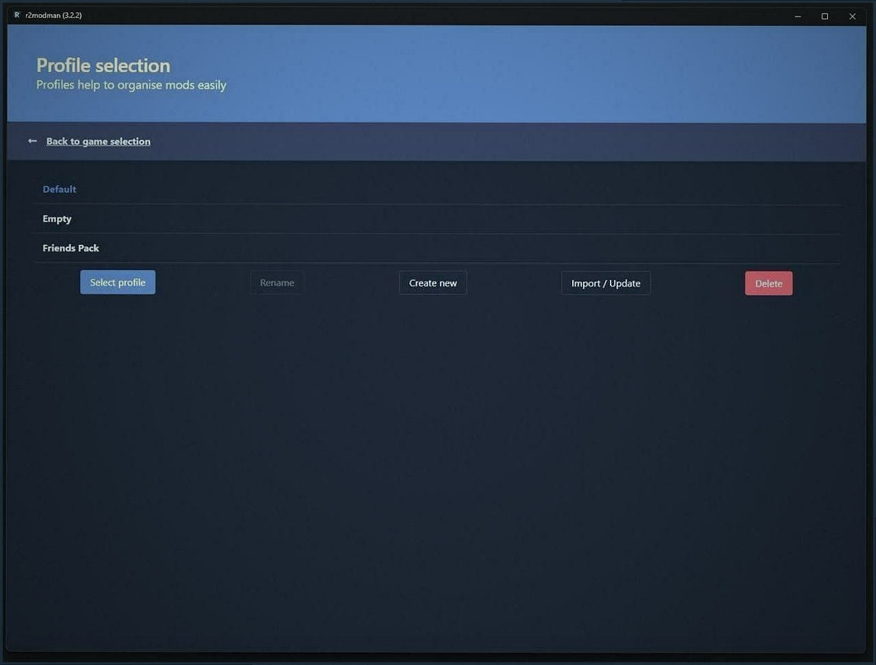 r2modman profile selection screen